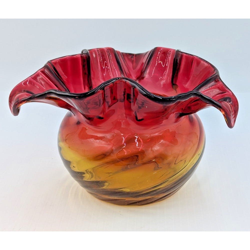 Vintage Red and Amber Amberina Optic Swirl Ruffle Top Vase Bowl